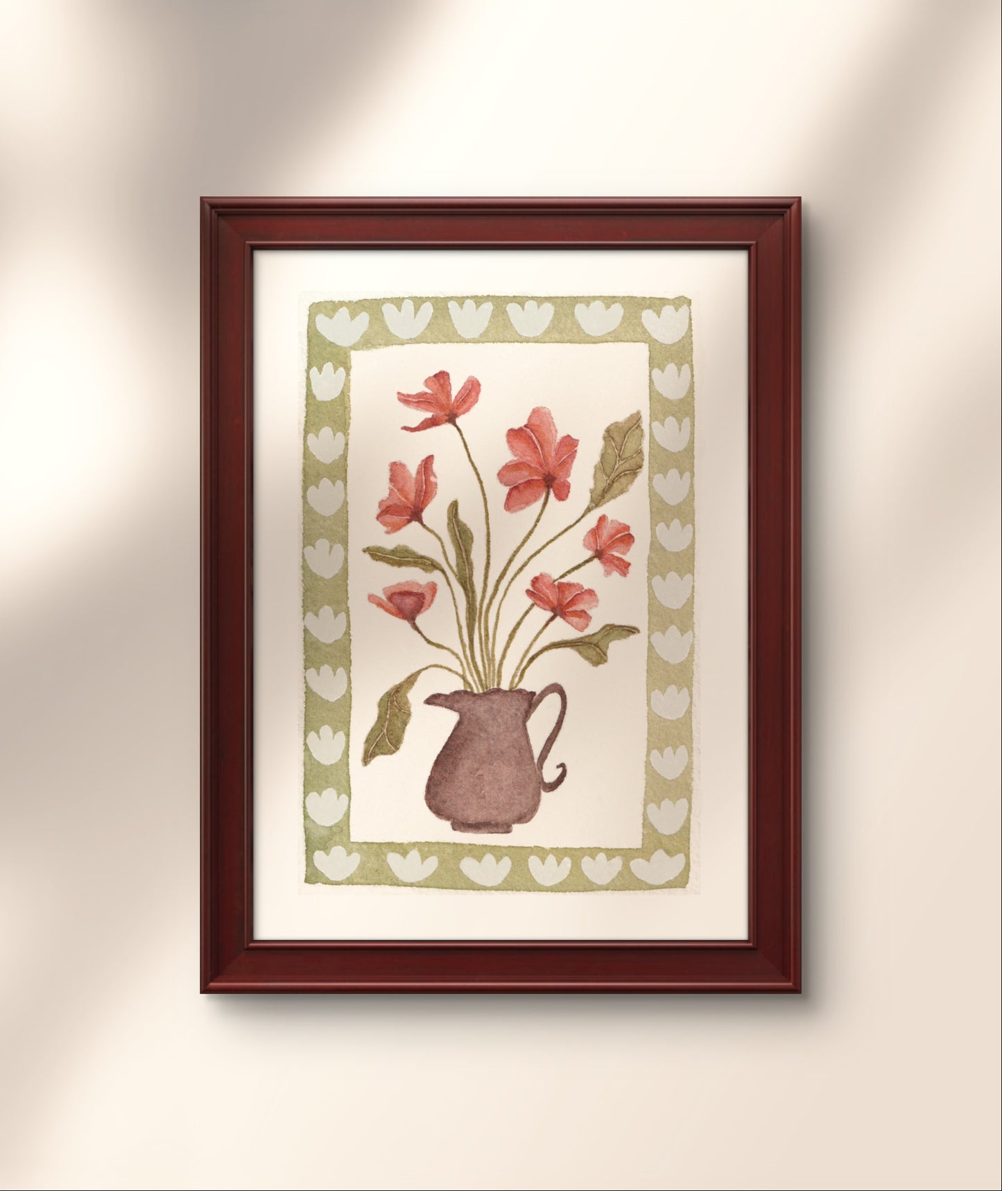 Red flowers in brown vase