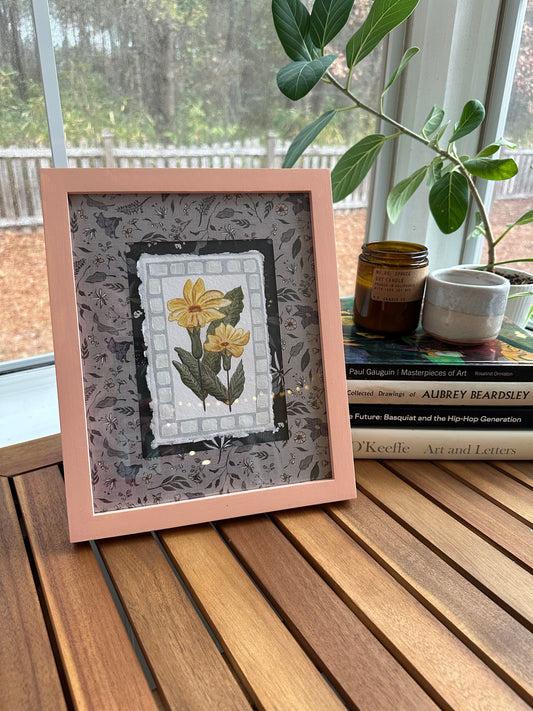 Original yellow flowers watercolor, custom frame