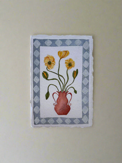 Yellow flowers in red vase, framed