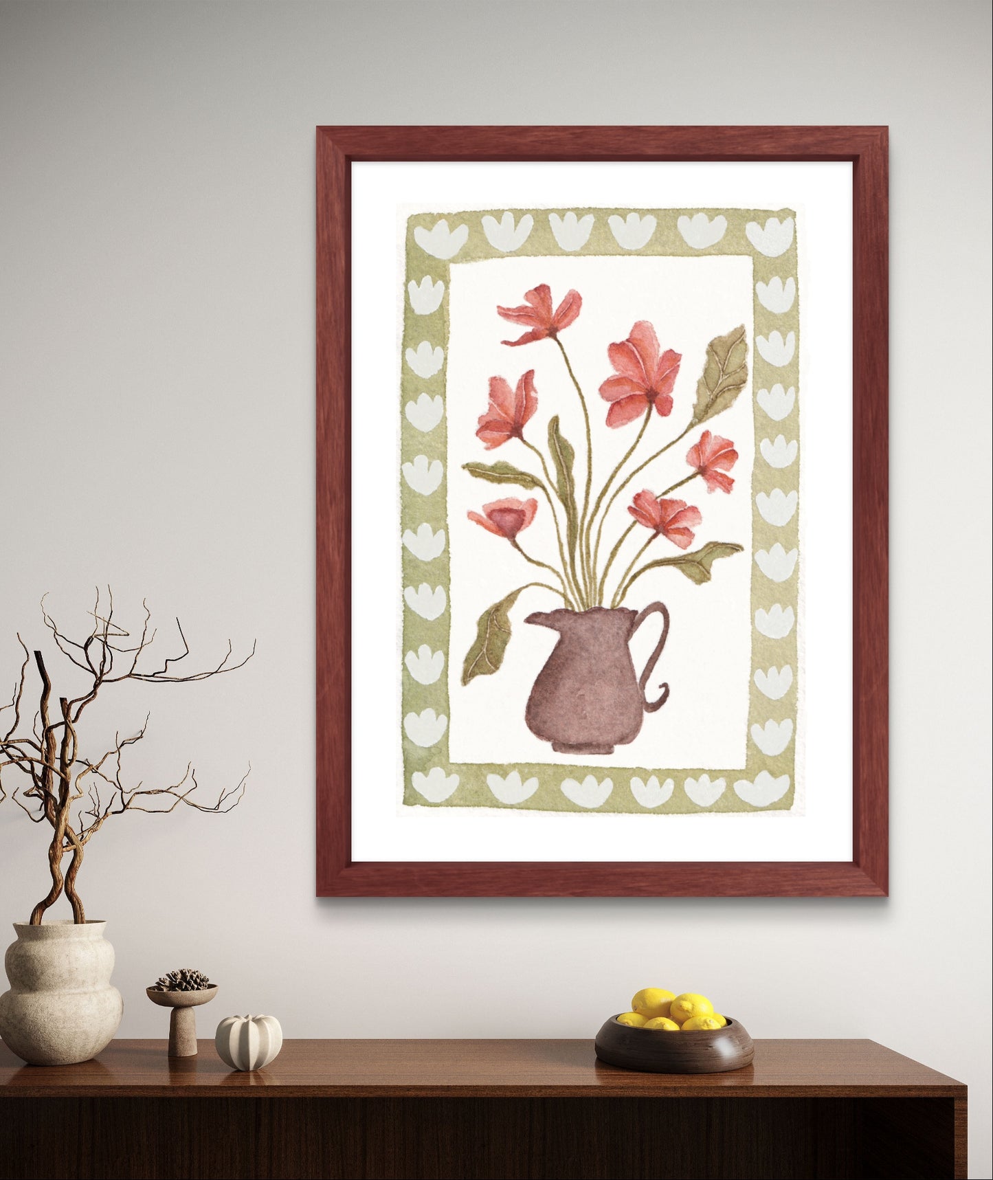 Red flowers in brown vase