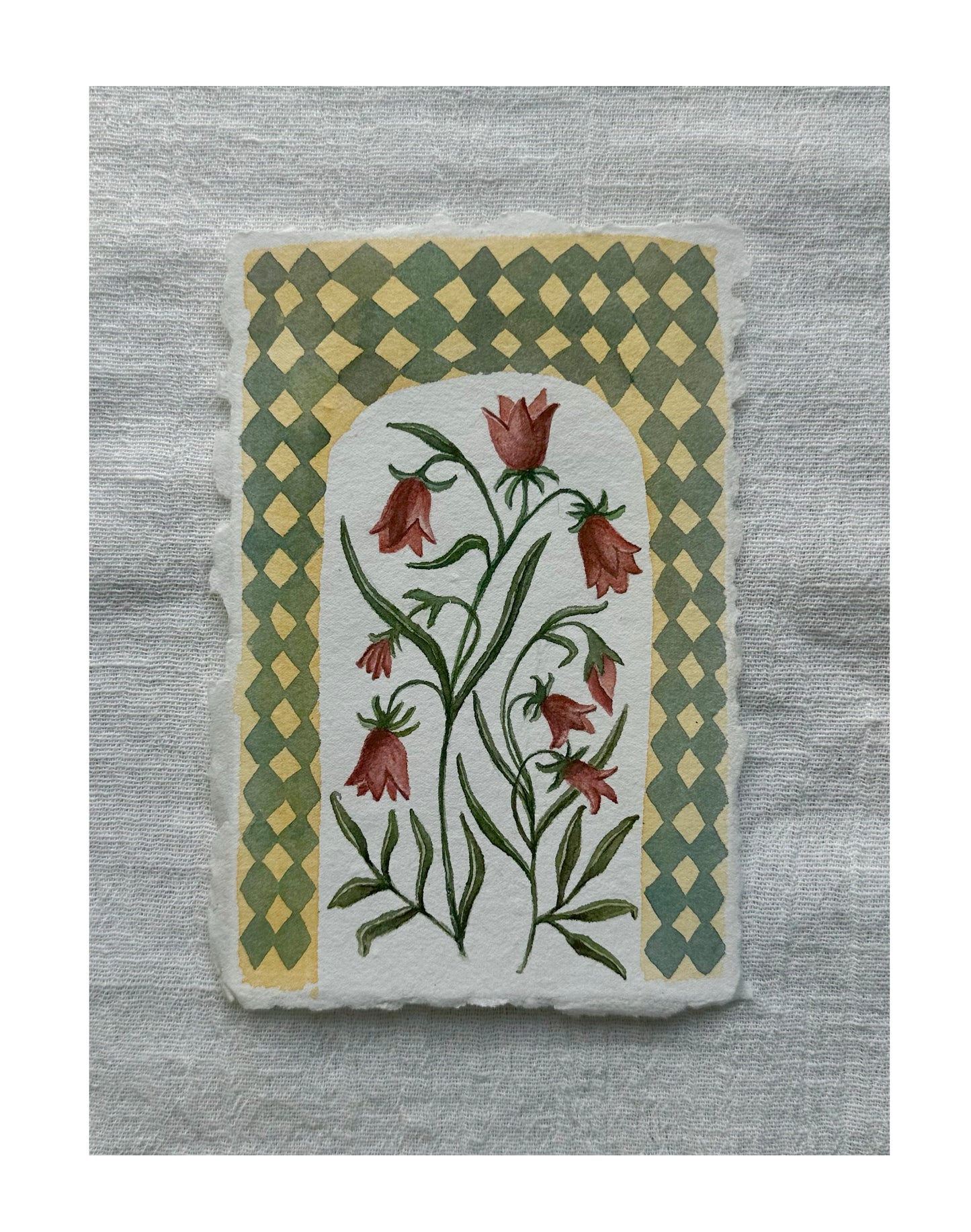 Red flowers with argyle border watercolor