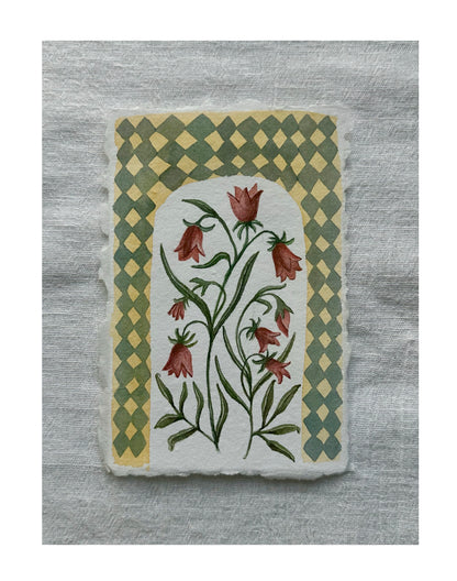 Red flowers with argyle border watercolor