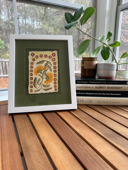 Original yellow abstract flowers watercolor, custom frame