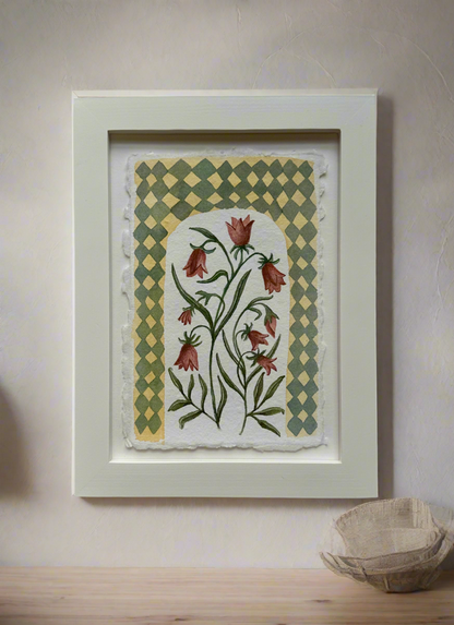 Red flowers with argyle border watercolor