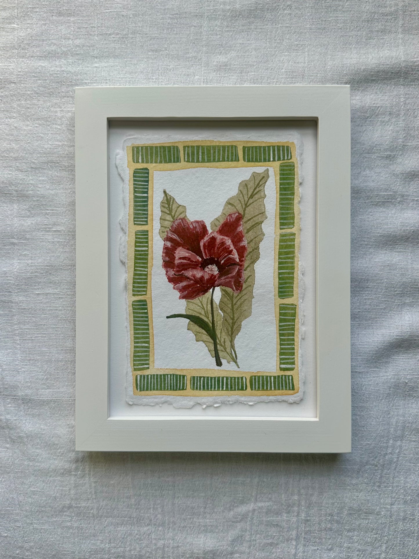 Red flower with green border watercolor