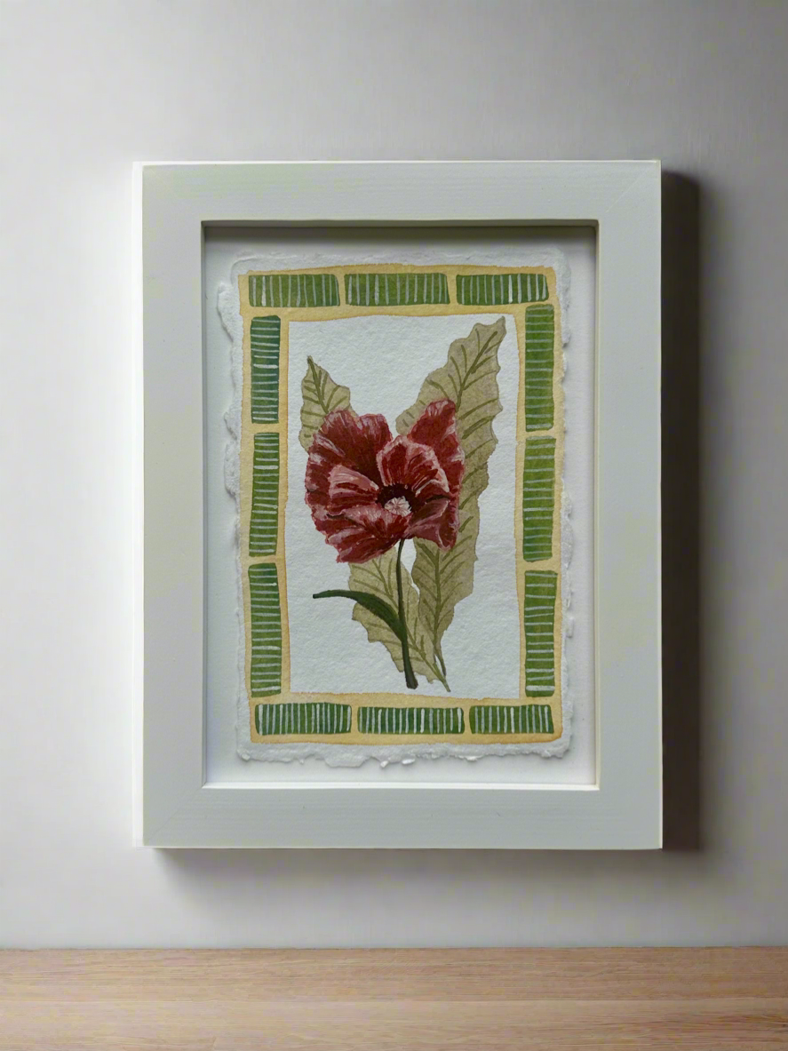 Red flower with green border watercolor