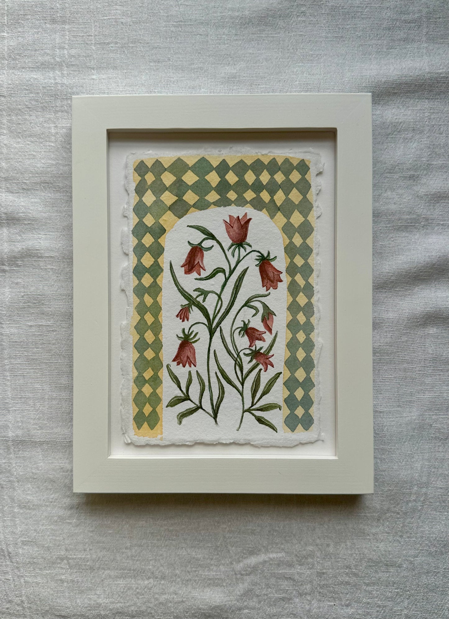 Red flowers with argyle border watercolor